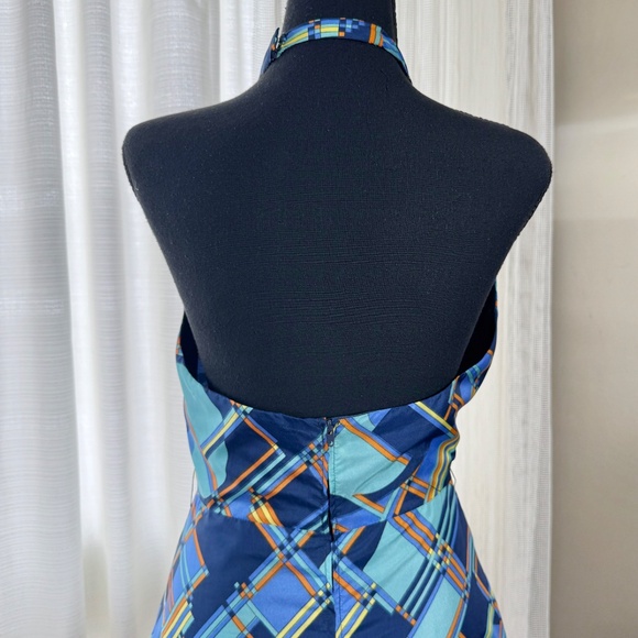 Vintage 60s halter maxi dress, blue orange abstract pattern, Norbert Carlin, 0/2 - Picture 8 of 15